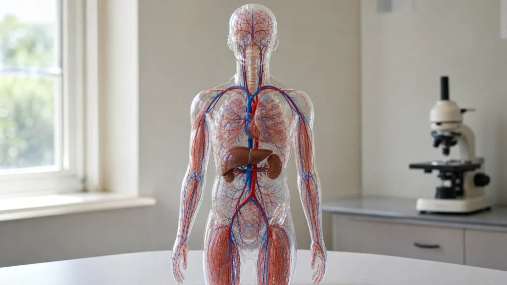 Maquette anatomique transparente montrant le réseau capillaire dans l’ensemble du corps