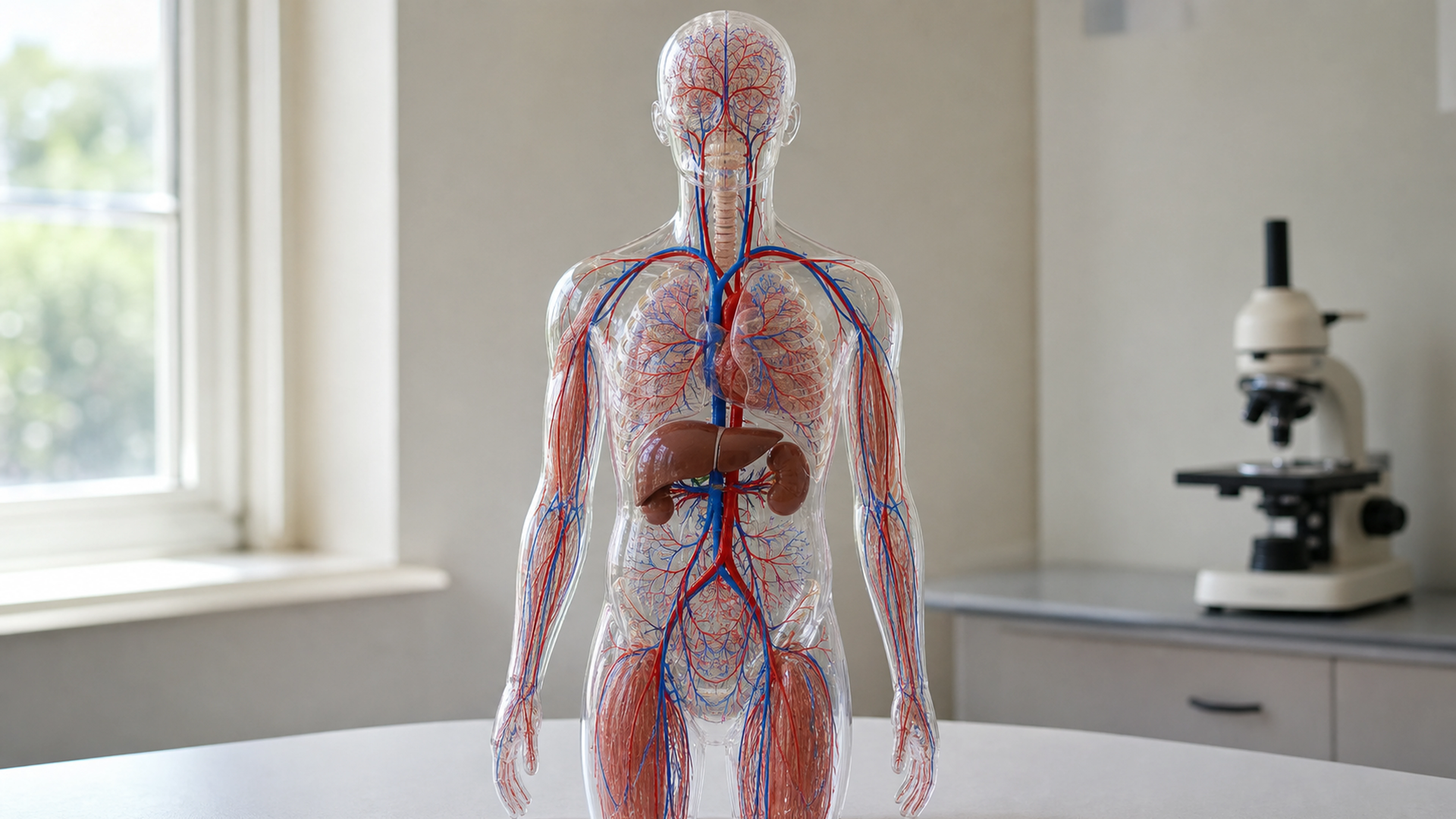 Maquette anatomique transparente montrant le réseau capillaire dans l’ensemble du corps