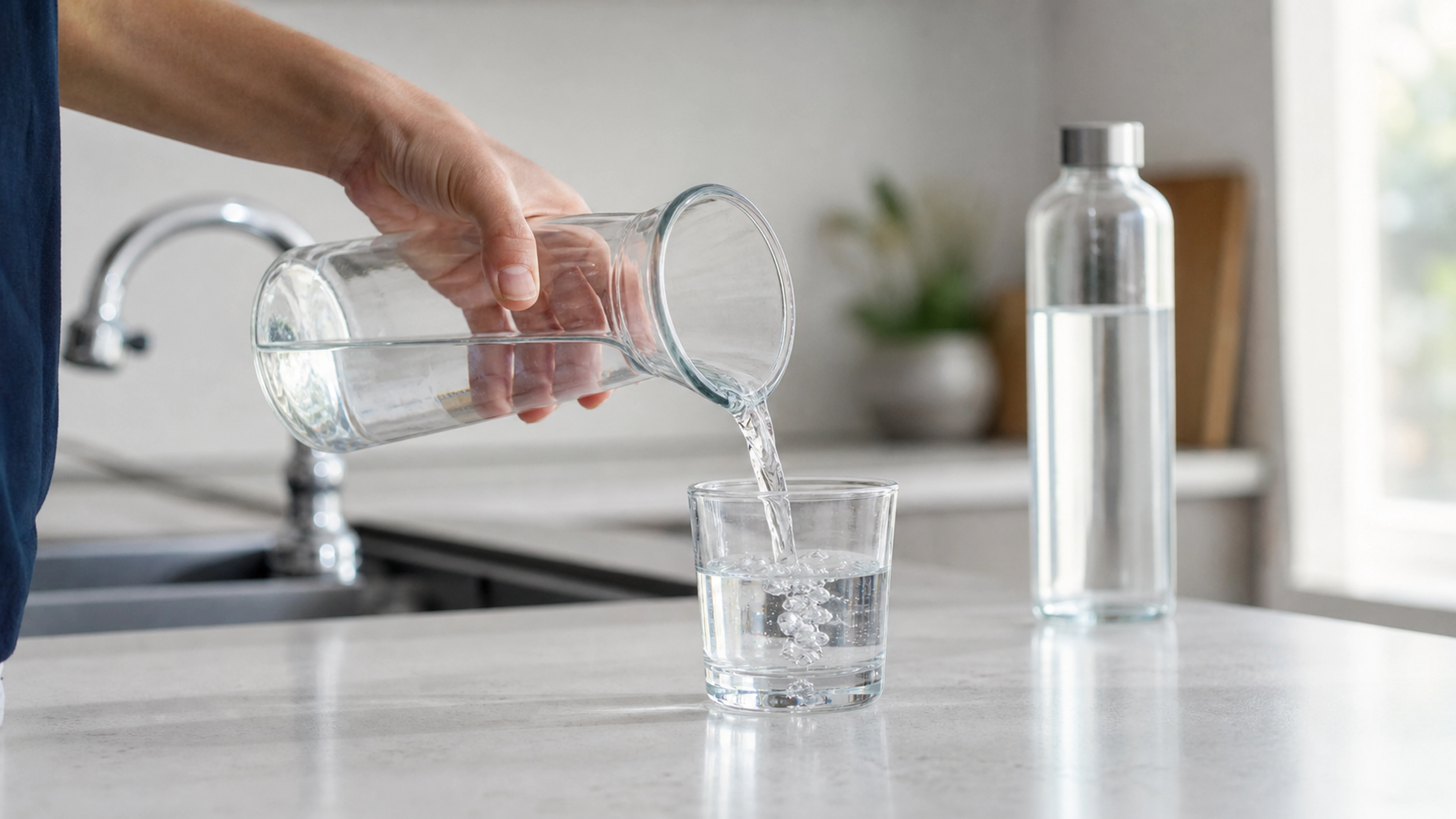 Une main verse de l’eau d’une carafe en verre dans un verre sur un plan de travail, près d’un robinet.