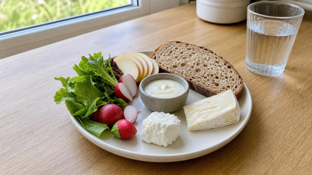 Assiette composée de petites portions de fromage, de pain complet, de salade, de radis et de pomme