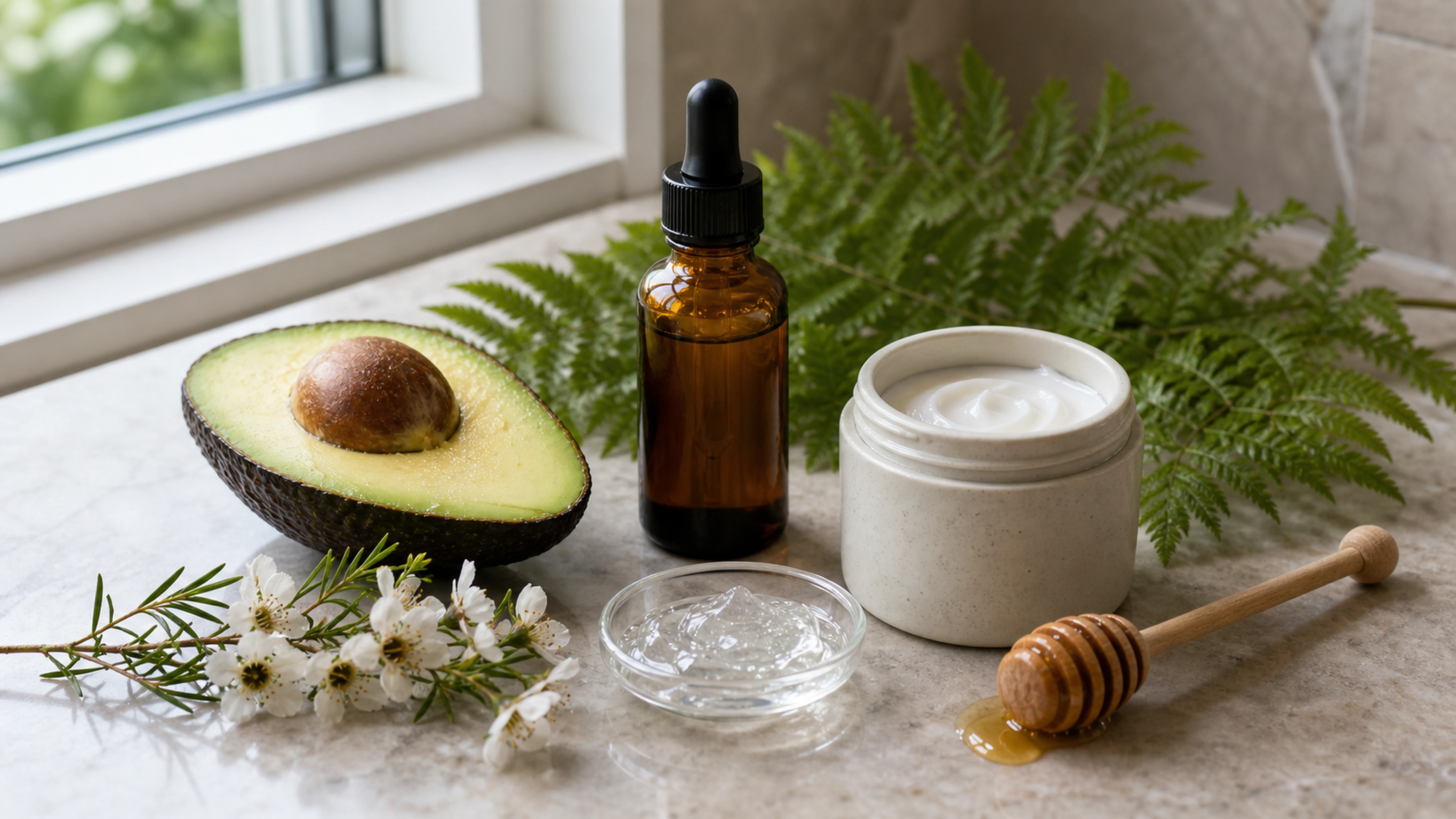 Flacon de sérum, crème, avocat, miel et fougères éclairés par une lumière naturelle