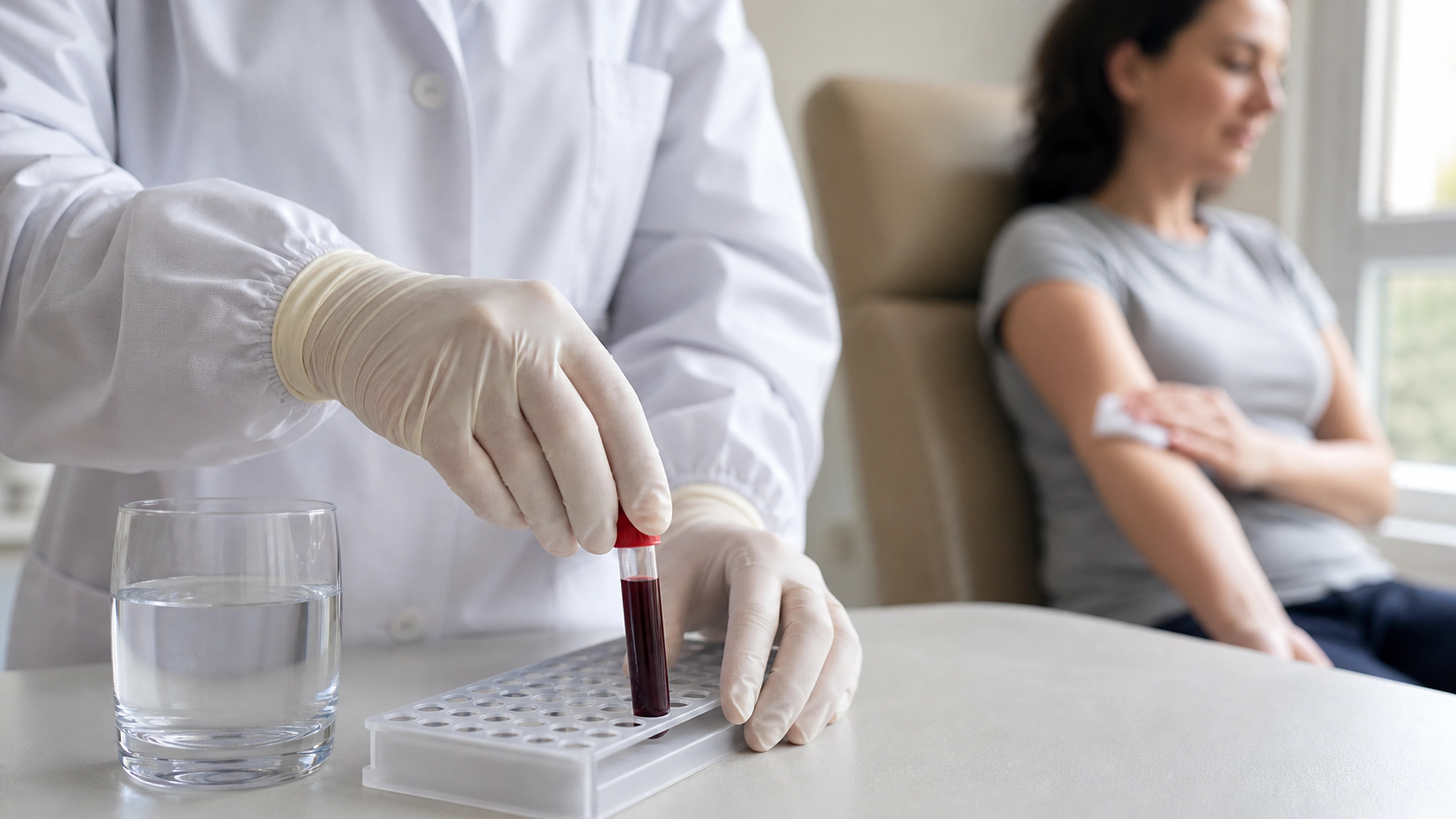 Technicien de laboratoire plaçant un tube de sang dans un support après un prélèvement