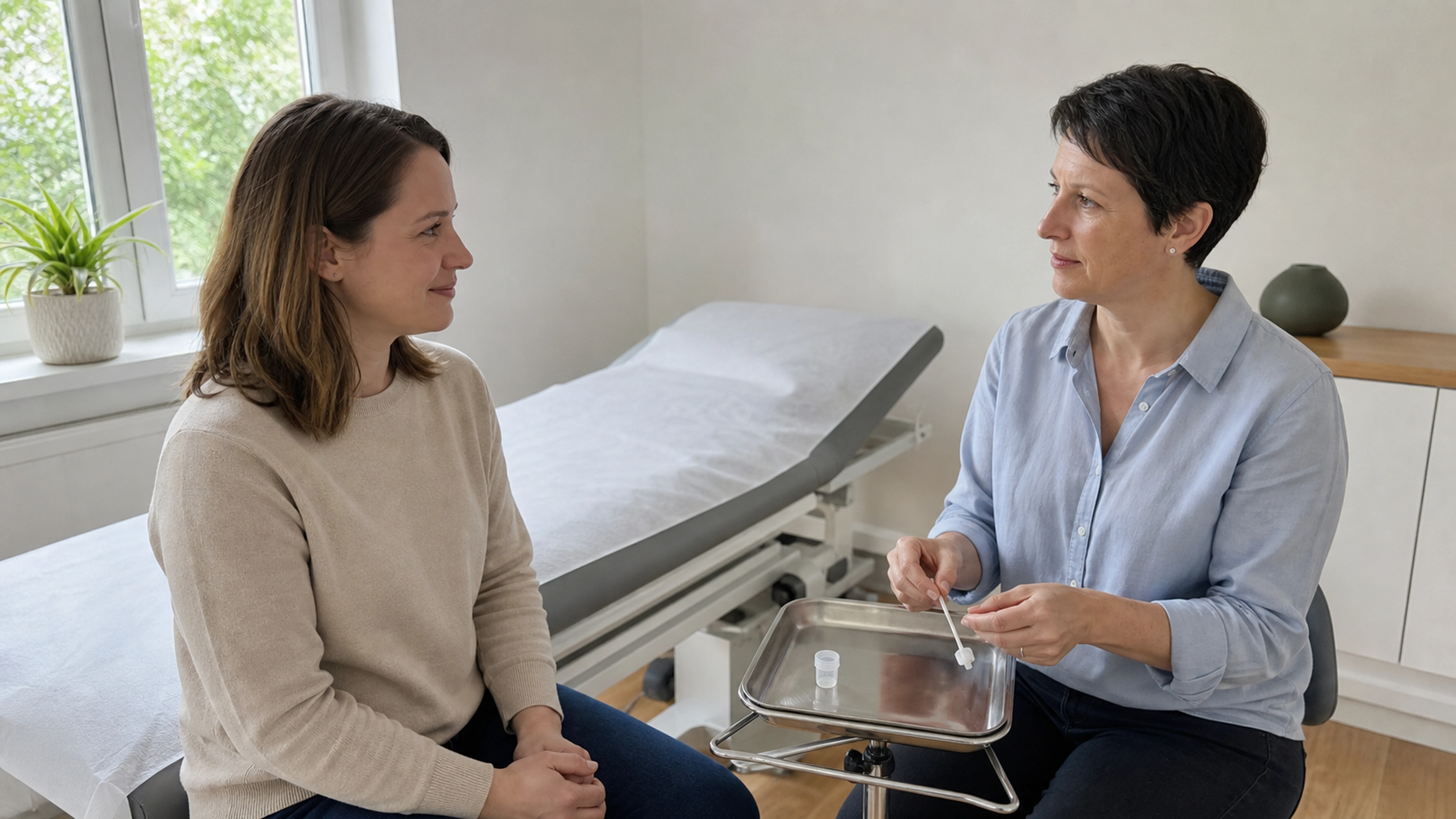 Professionnelle de santé présentant une brosse de prélèvement à une patiente en consultation