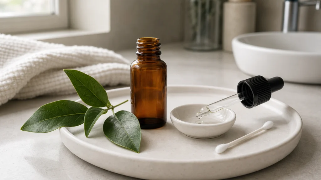 Flacon ambré d’huile essentielle de ravintsara avec feuilles, pipette et coton-tige