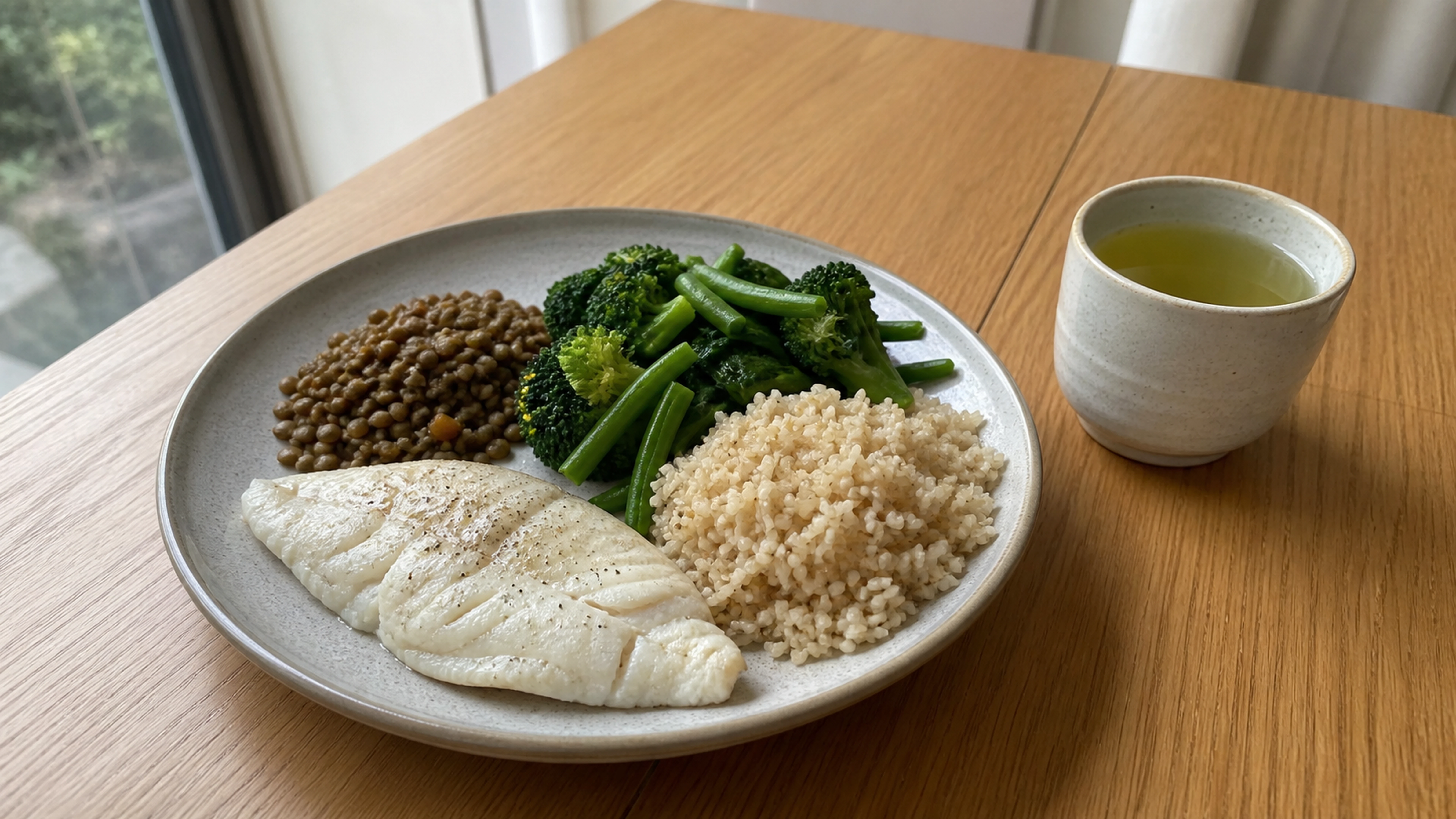 Assiette de poisson blanc avec riz brun, lentilles et légumes, accompagnée d’une tasse de thé vert