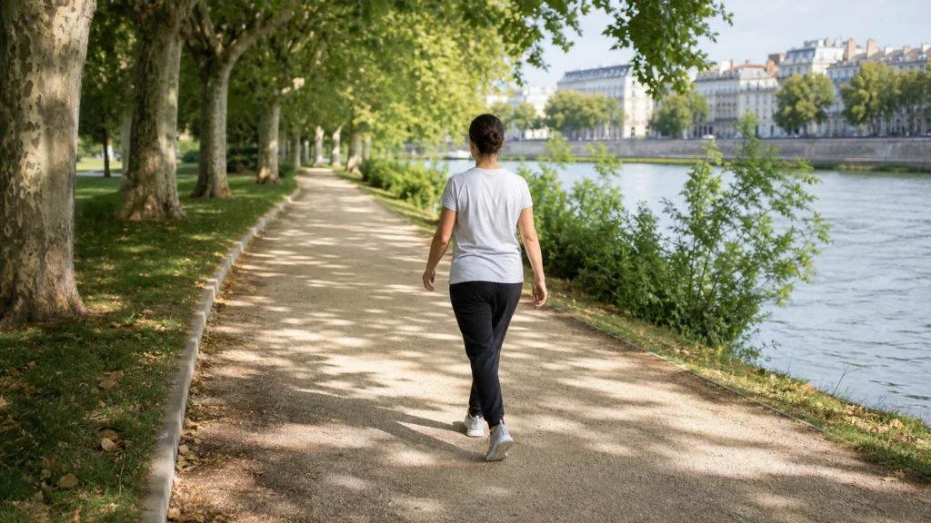 Une femme marche sur un sentier arboré au bord d’une rivière.