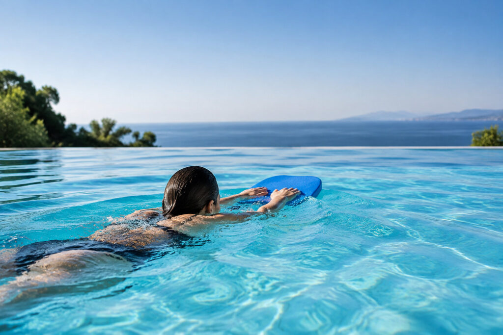 Une femme nage dans une piscine à débordement avec une planche bleue face à la mer.