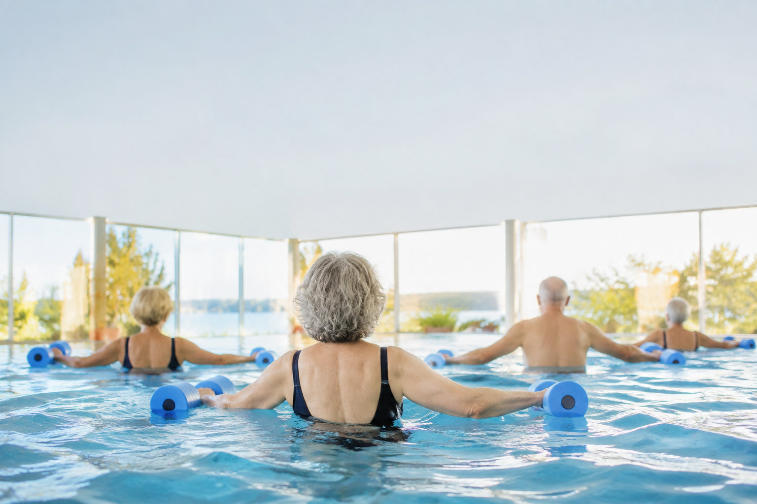 Groupe de seniors faisant des exercices d'aquagym avec des haltères en mousse dans une piscine lumineuse.