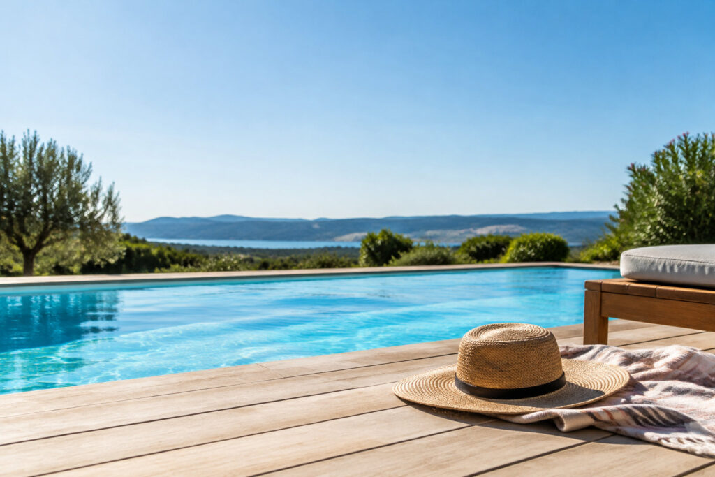 Un chapeau de paille posé sur une terrasse en bois près d'une piscine avec vue sur la mer sous un ciel bleu.