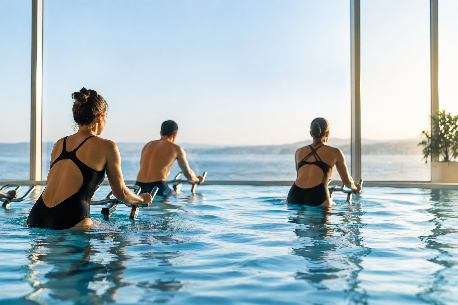 Trois personnes font de l'aquabike dans une piscine intérieure avec une vue panoramique sur un lac en arrière-plan.