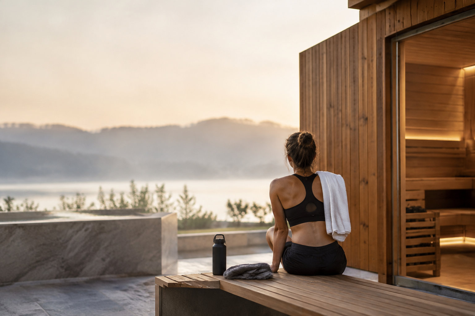 Une femme en tenue de sport se repose sur un banc devant un sauna avec une vue sur un lac au lever du soleil.