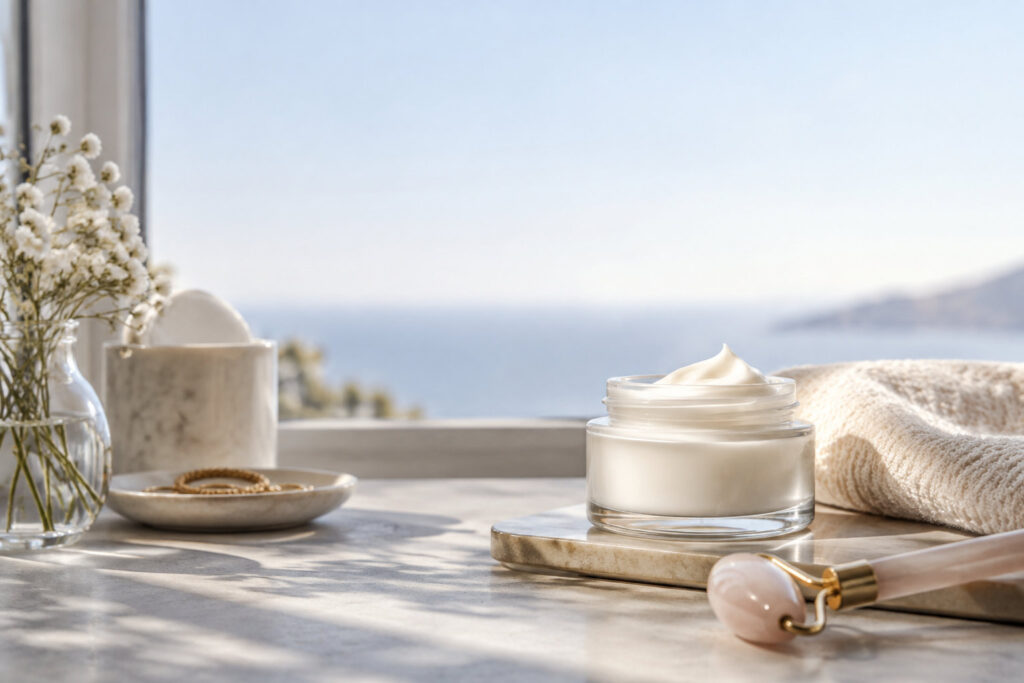 Pot de crème sans marque dans une mise en scène de routine cosmétique