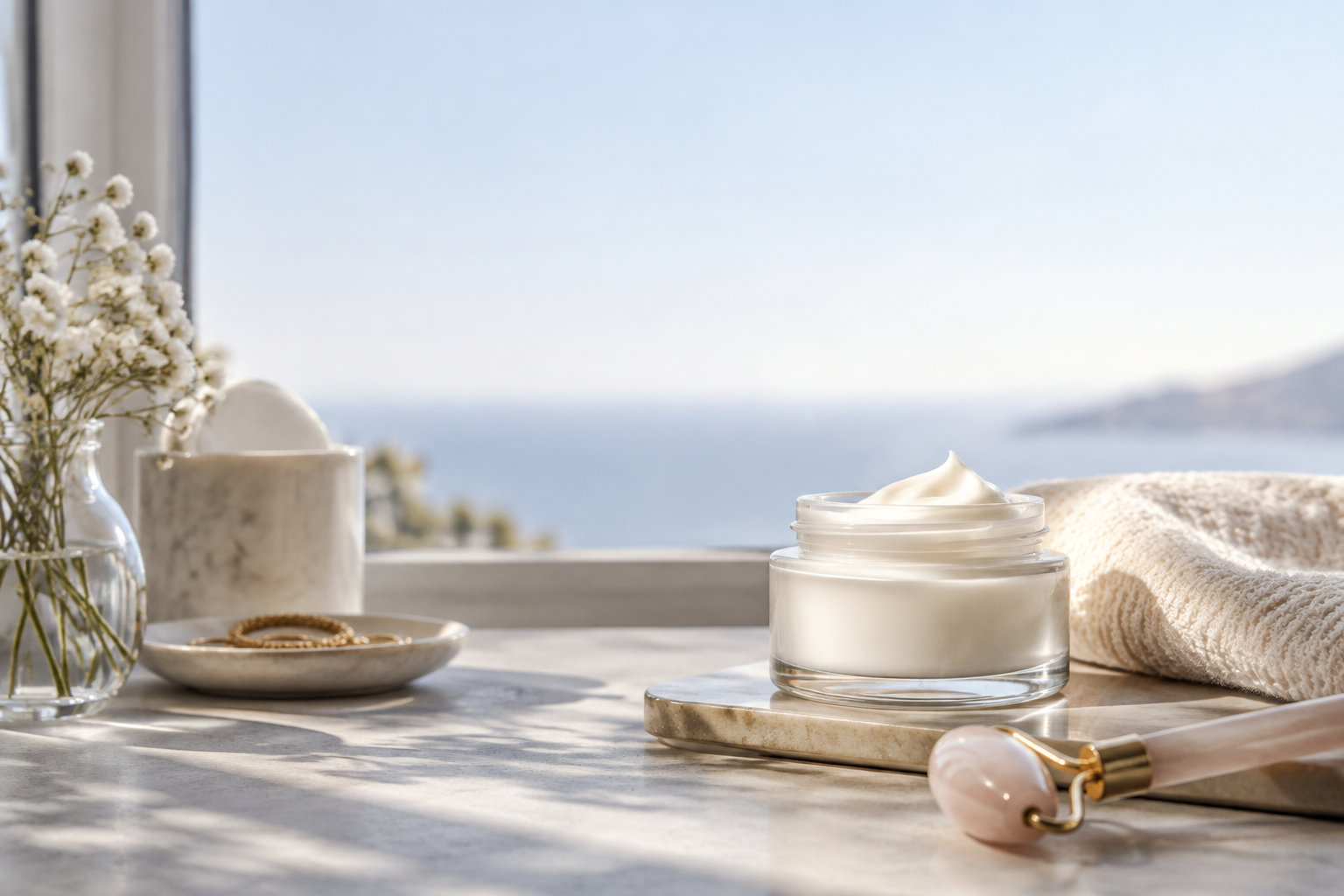 Pot de crème sans marque dans une mise en scène de routine cosmétique