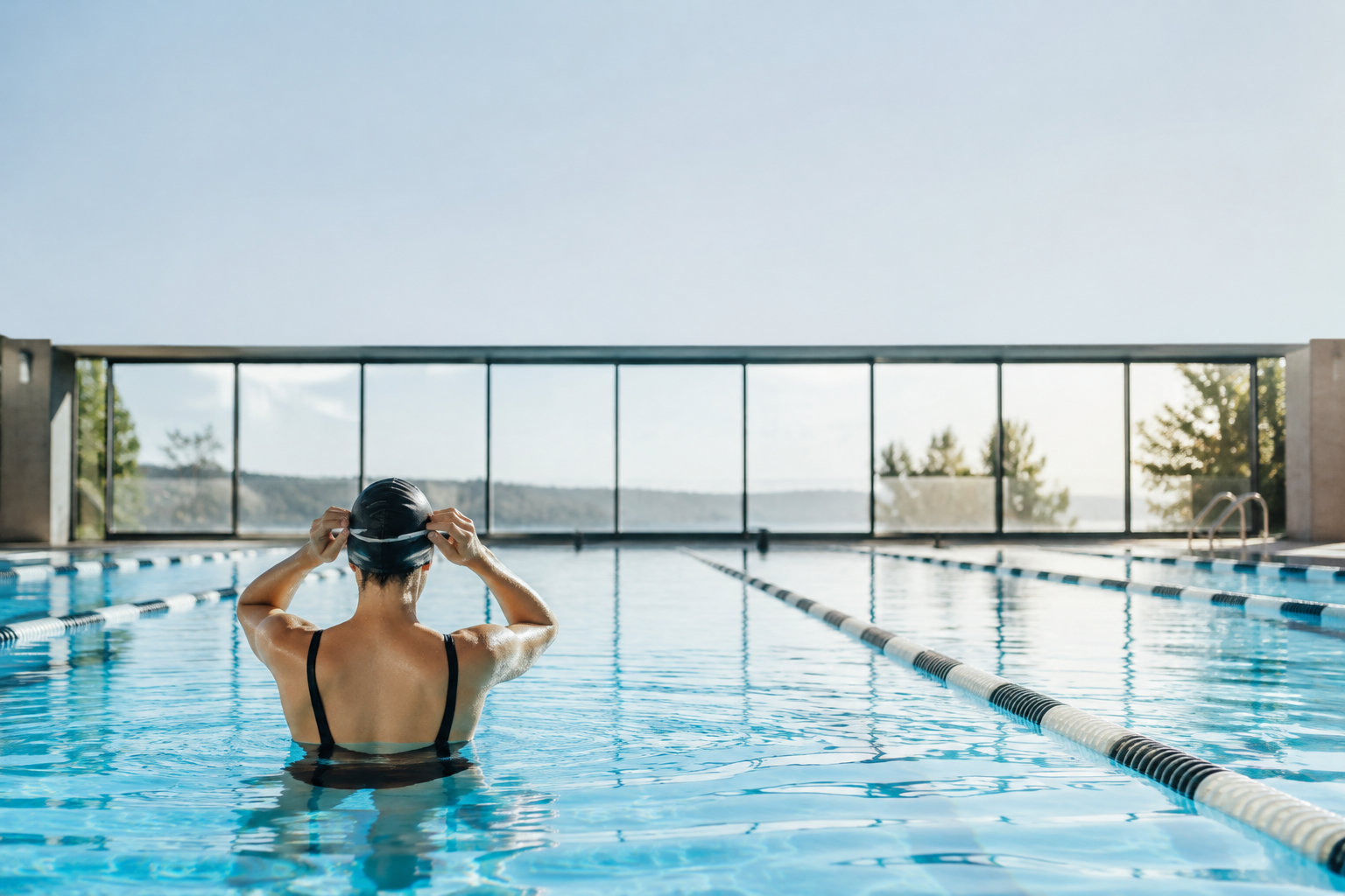 Une nageuse de dos ajuste son bonnet de bain dans une piscine lumineuse avec de grandes baies vitrées.