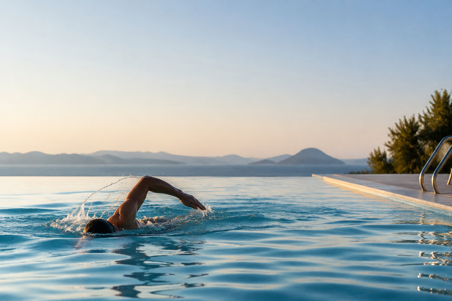 Un nageur fait des longueurs en crawl dans une piscine à débordement avec une vue sur la mer au coucher du soleil.