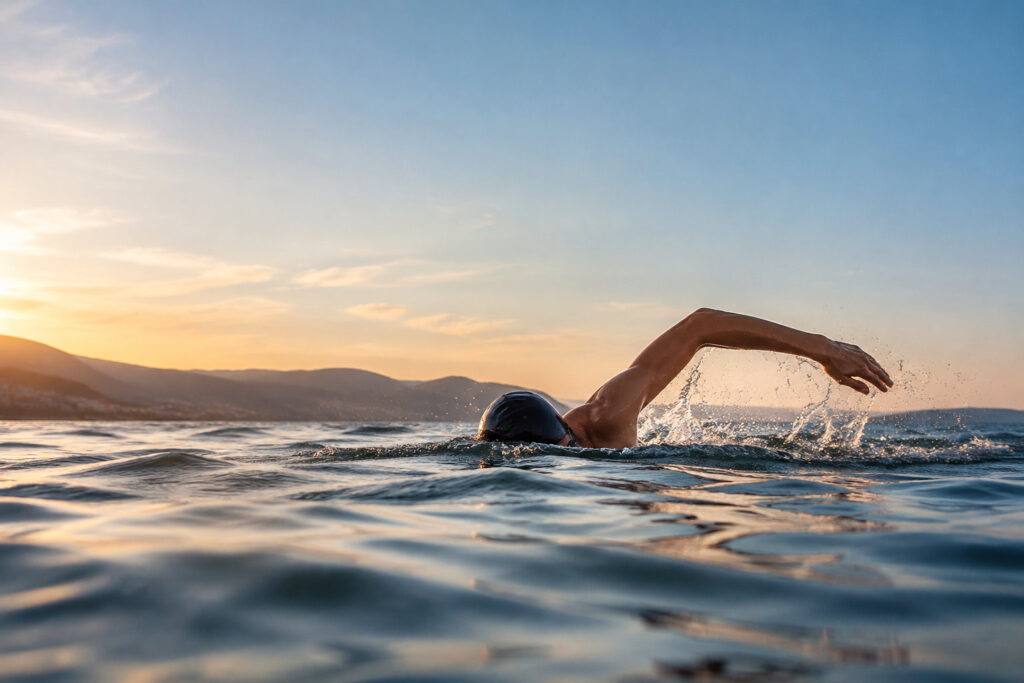 Un nageur effectue un crawl dans une mer calme au coucher du soleil, avec les collines en arrière-plan.