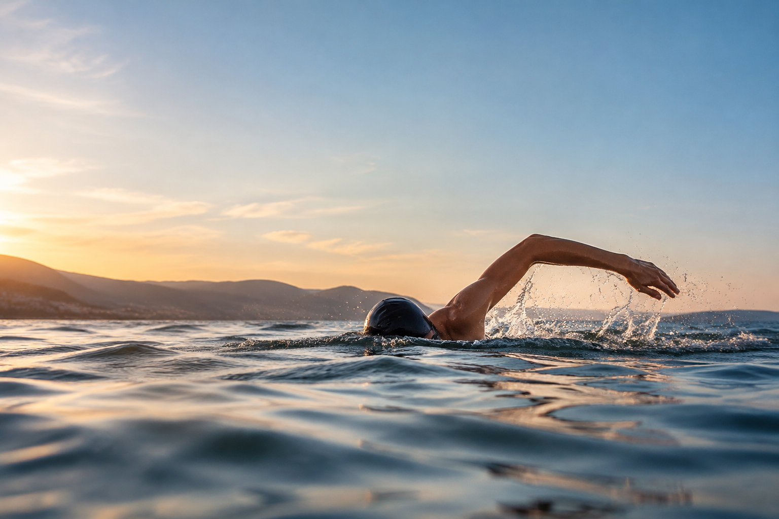 Un nageur effectue un crawl dans une mer calme au coucher du soleil, avec les collines en arrière-plan.