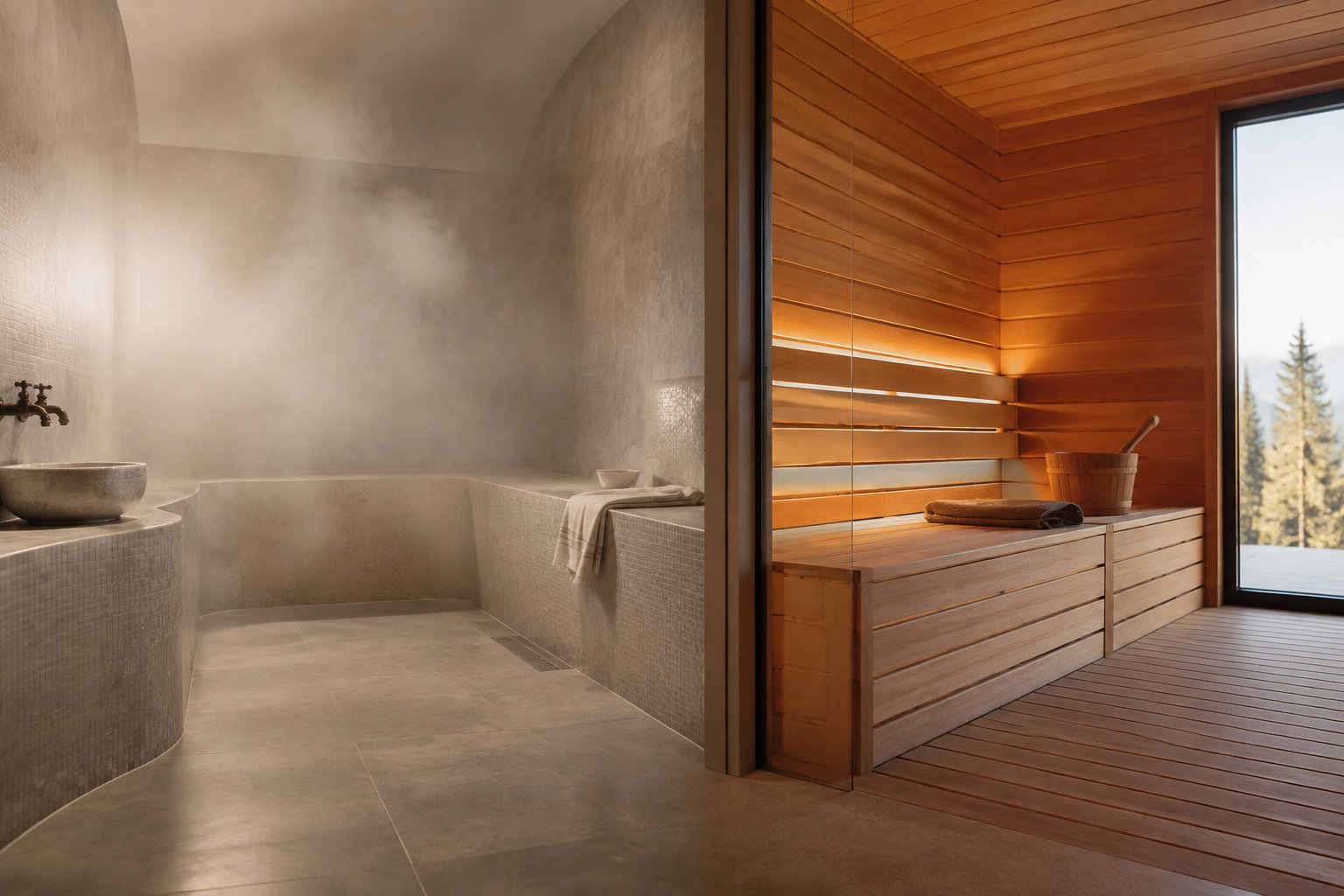 Image divisée en deux montrant à gauche un hammam humide et à droite un sauna en bois sec avec vue sur la forêt.