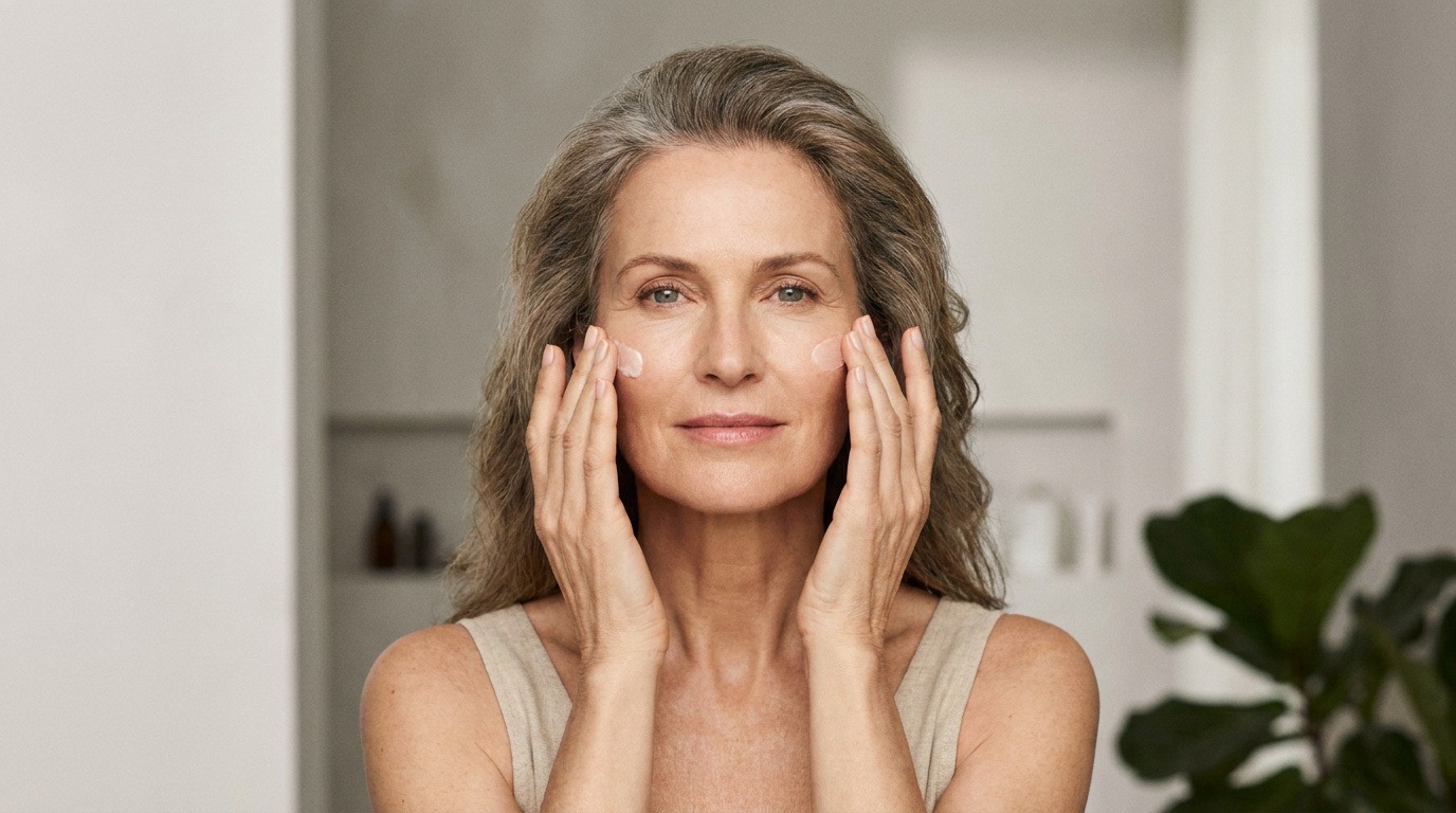 Une femme applique de la crème sur ses joues, le visage entier visible et net.