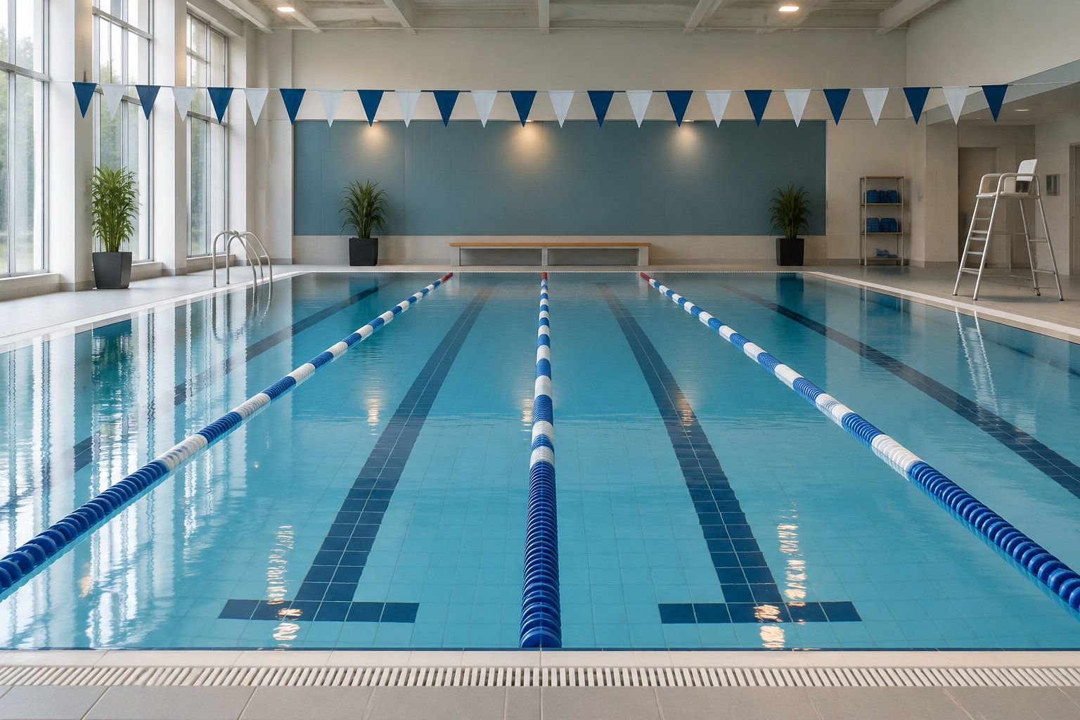 Une piscine intérieure vide avec plusieurs couloirs délimités par des lignes d’eau, des fanions suspendus et des fenêtres sur le côté.