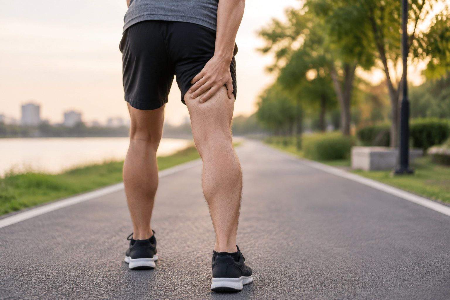 Un homme en tenue de sport se tient sur une allée au bord de l’eau et pose une main sur sa cuisse.