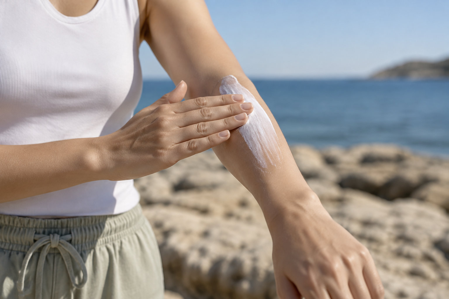 Une personne en débardeur blanc étale de la crème blanche sur son avant-bras, au bord de la mer.