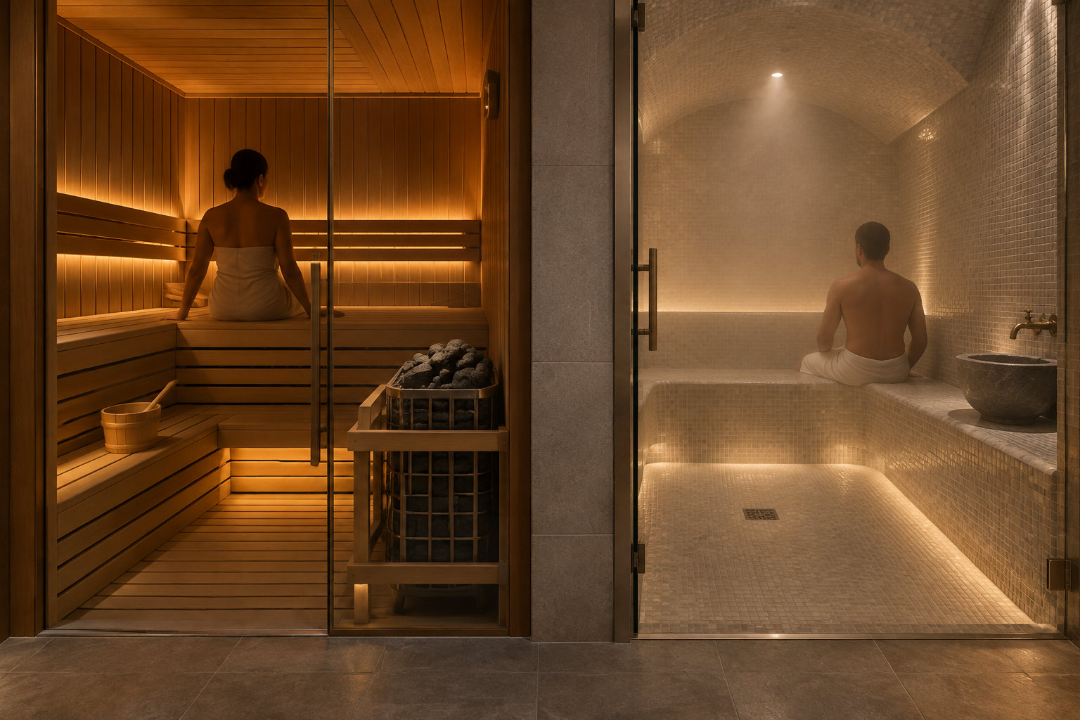 Deux personnes assises dans un sauna en bois et un hammam carrelé, séparés par une cloison vitrée.