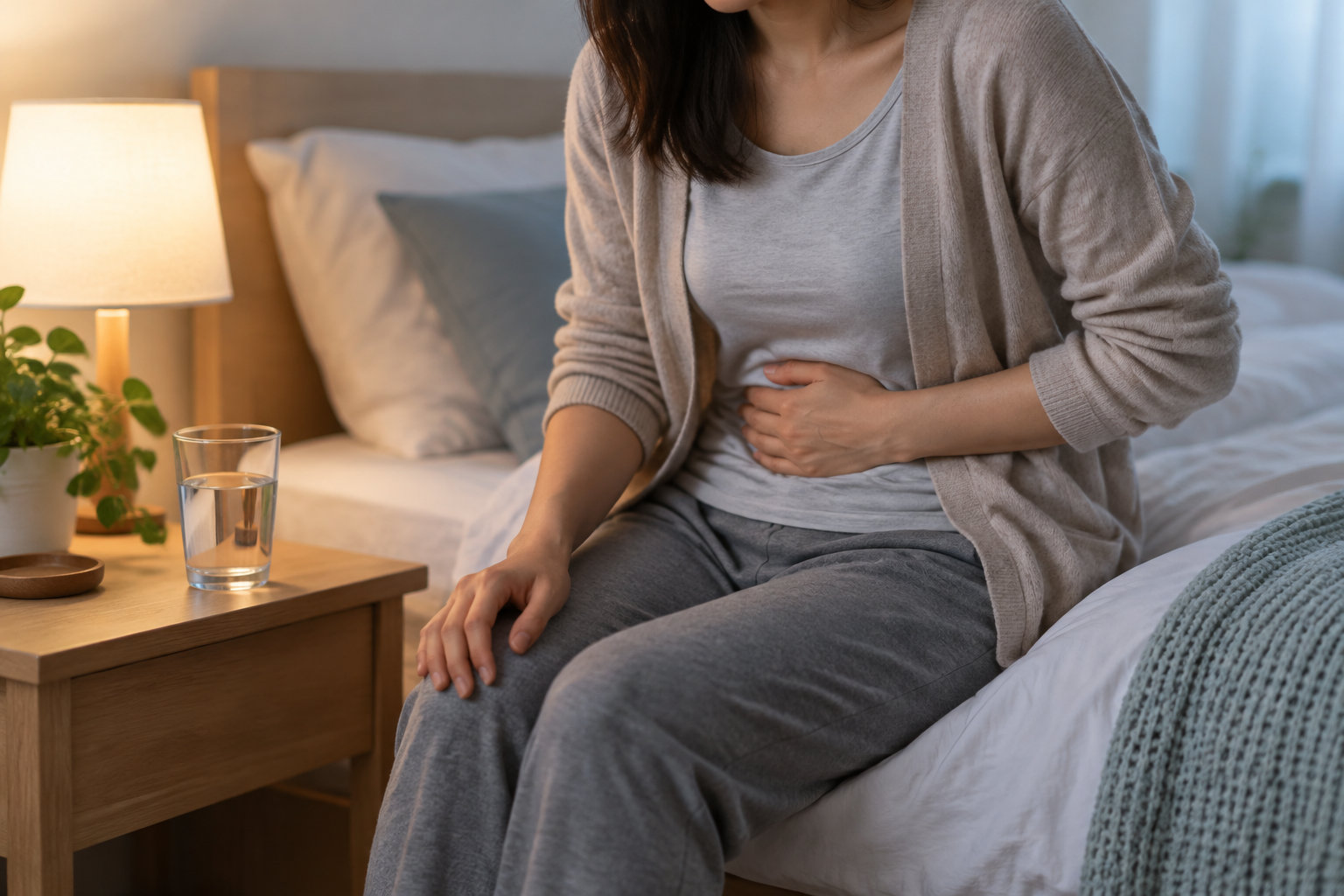 Une femme assise sur un lit tient son ventre, près d’une table de chevet avec un verre d’eau et une lampe.
