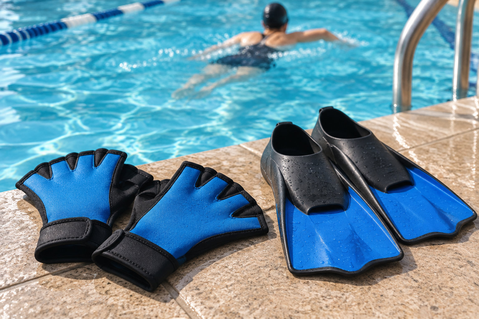 Des palmes et des gants de natation bleus et noirs sont posés au bord d’une piscine où une personne nage.