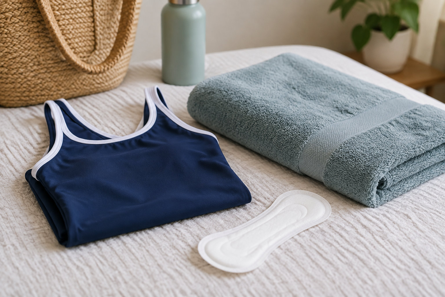 Un débardeur bleu marine, une serviette pliée et une serviette hygiénique blanche sont posés sur un lit, près d’un panier tressé, d’une bouteille et d’une plante.