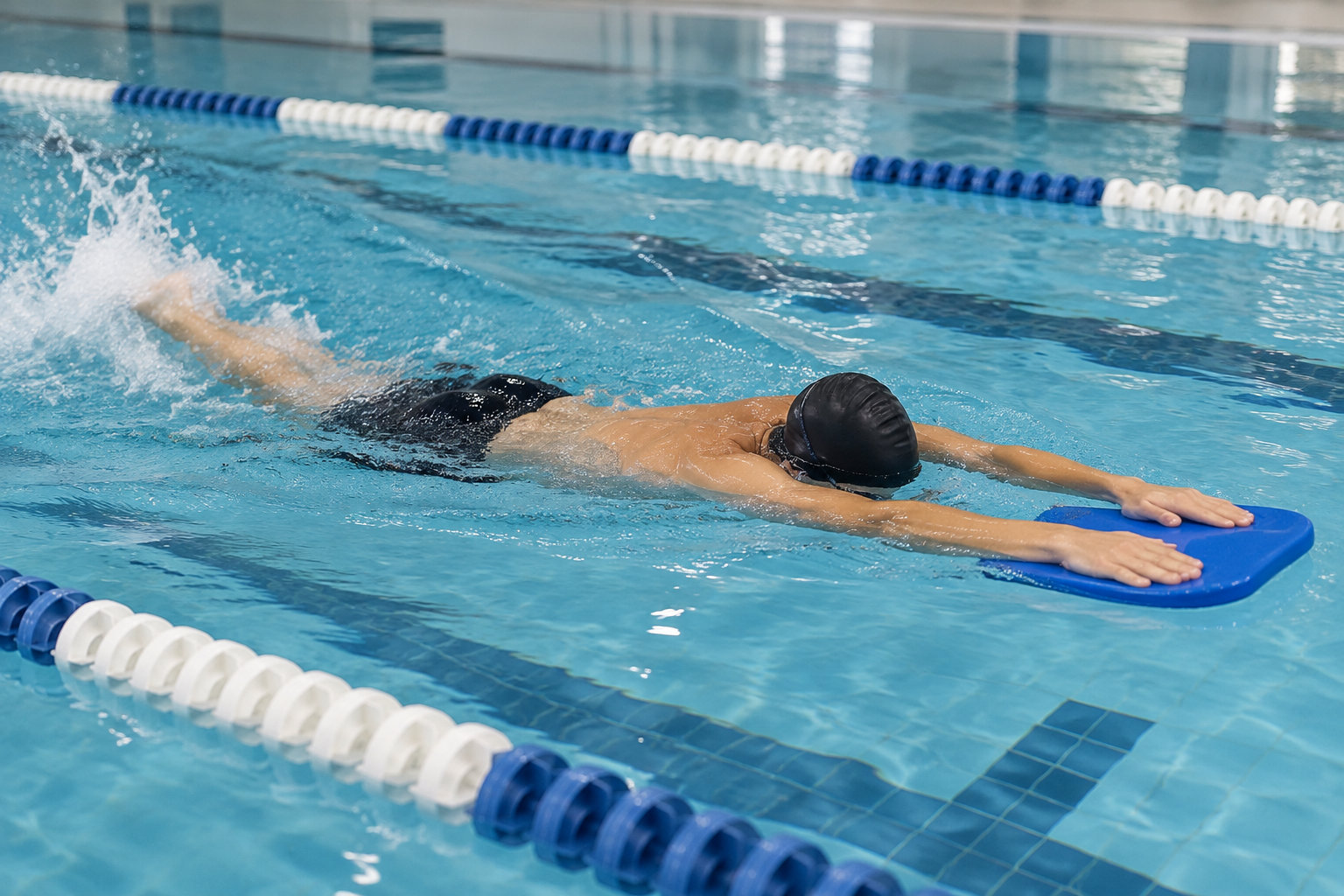 Un nageur portant un bonnet noir avance dans une piscine en tenant une planche bleue, entre des lignes d’eau.
