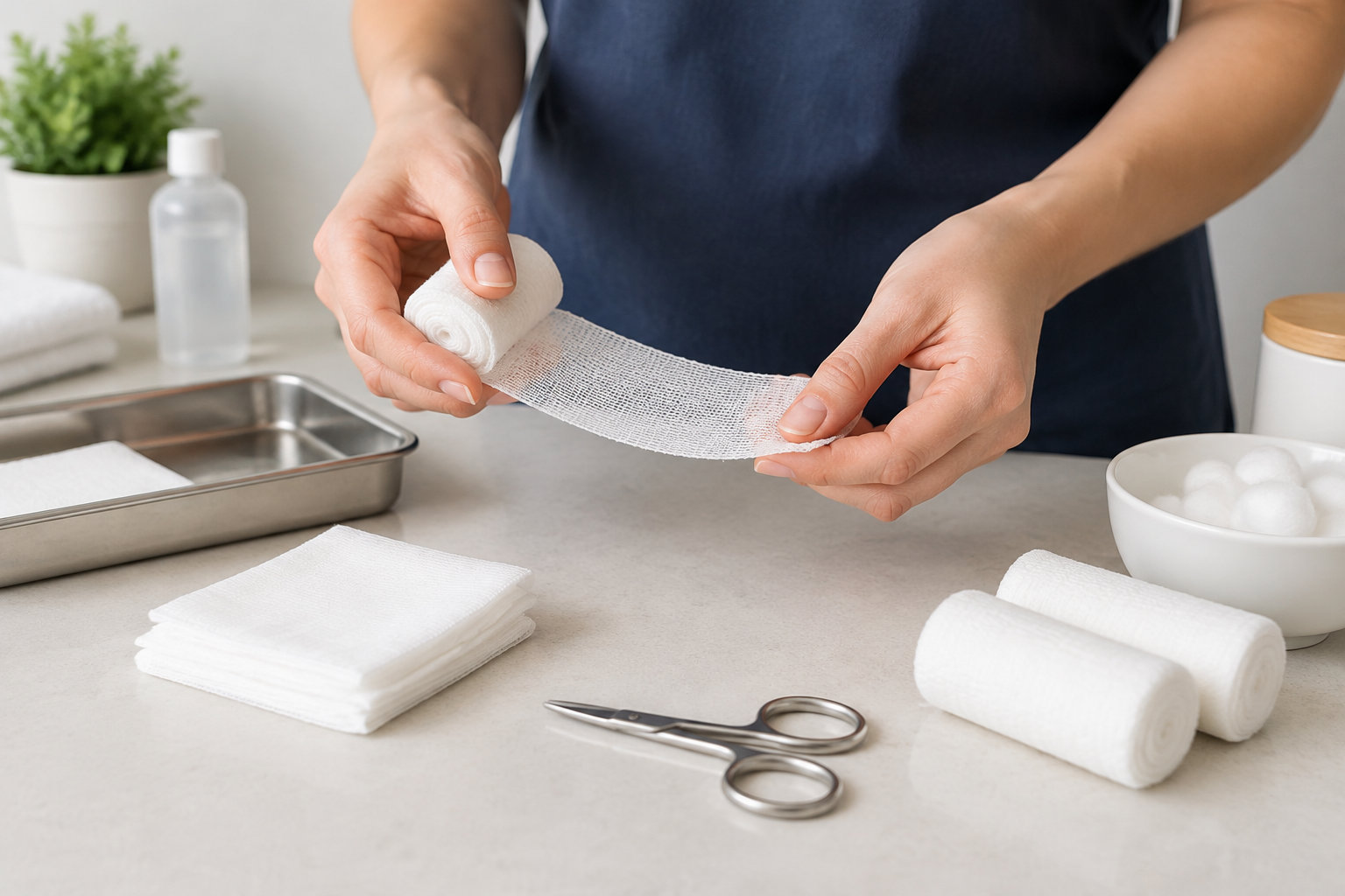 Une personne déroule une bande de gaze sur un plan de travail où sont disposés des compresses, des rouleaux de bandage, des ciseaux et des boules de coton.