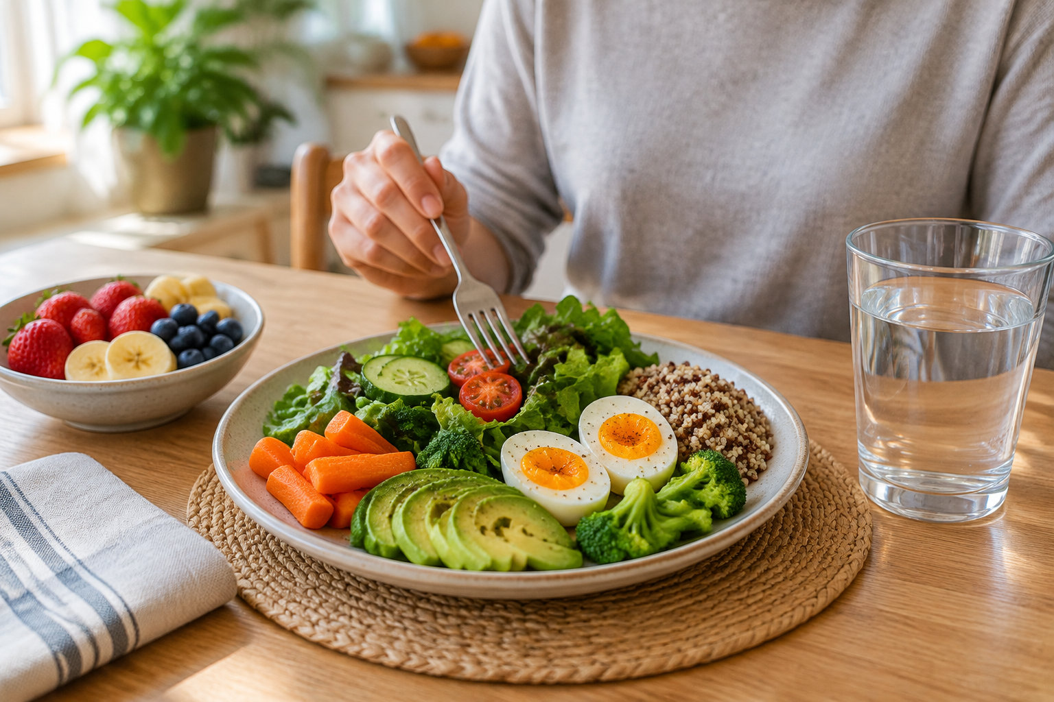 Une personne tient une fourchette au-dessus d’une assiette composée de légumes, d’avocat, d’œufs et de céréales, avec un bol de fruits et un verre d’eau sur la table.
