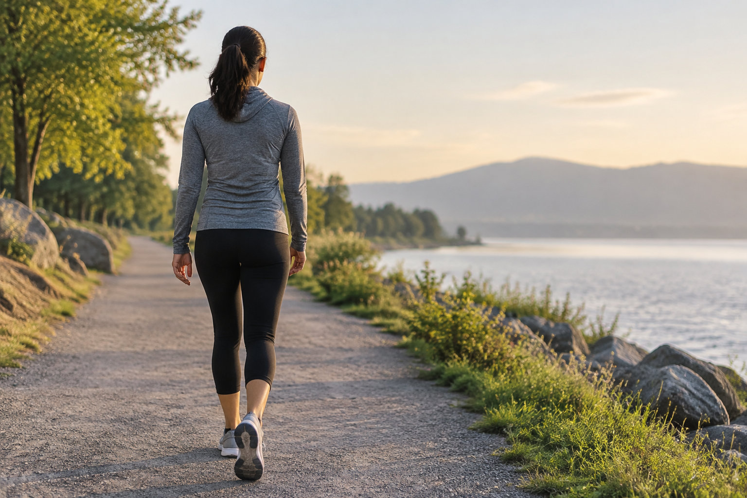 Une femme en tenue de sport marche sur un chemin au bord d’un lac, sous la lumière du soir.