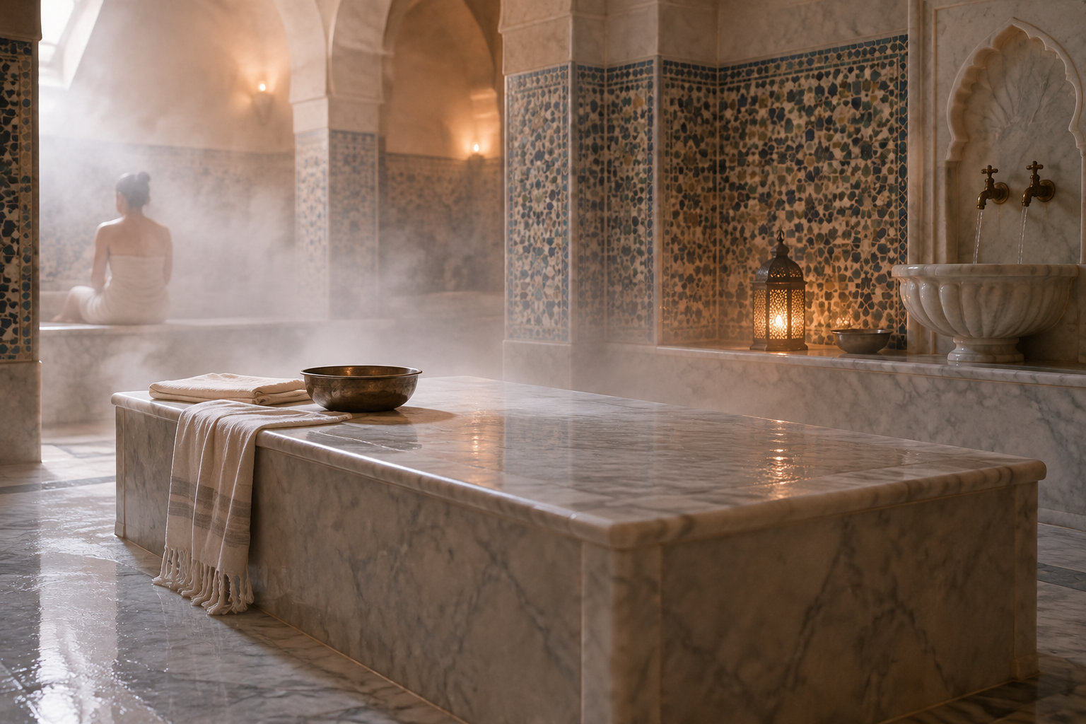 Une personne assise dans un bain de vapeur carrelé, près d’une grande table de marbre, de serviettes, d’un bassin et de robinets en laiton.