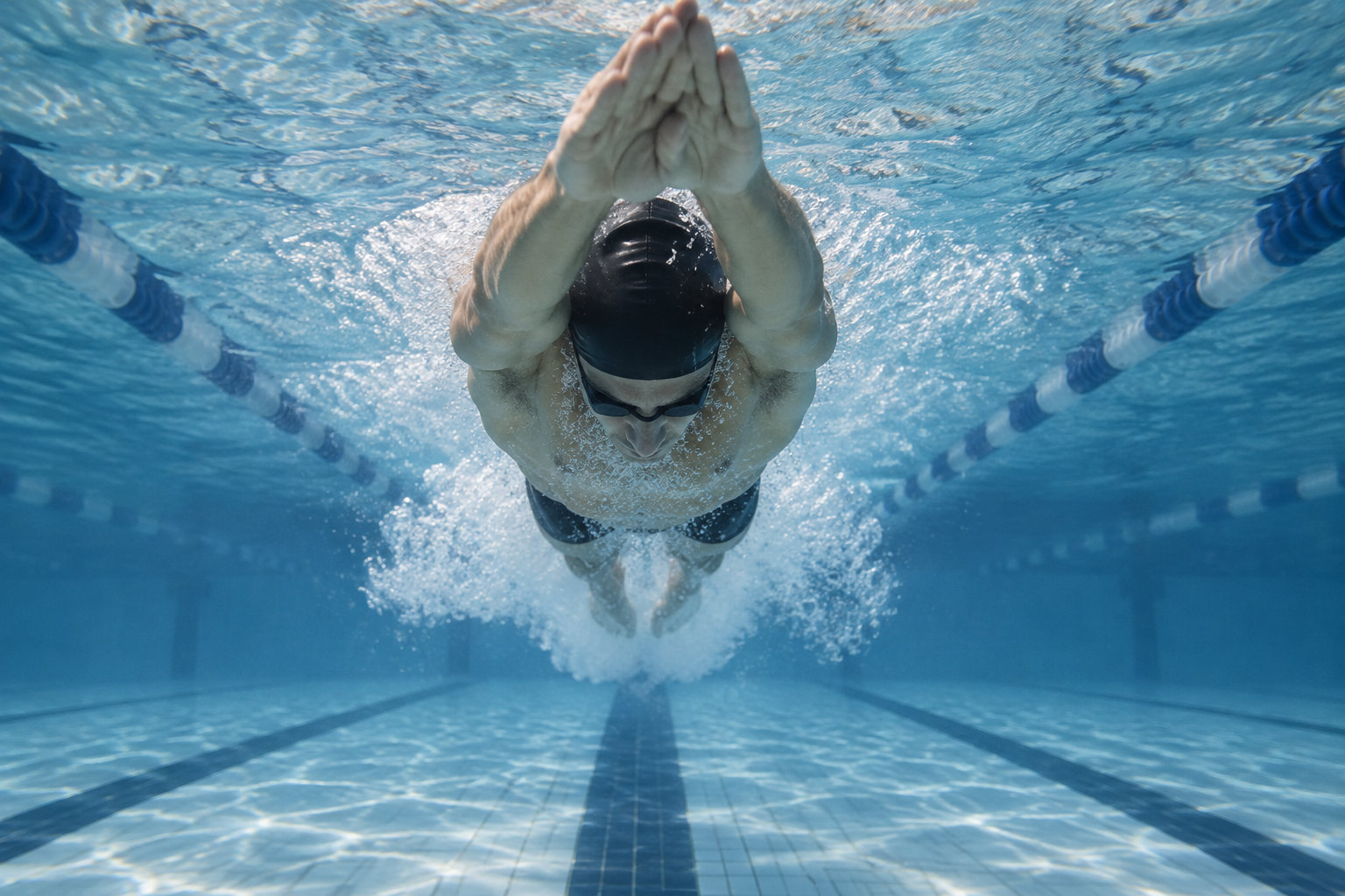 Un nageur portant un bonnet et des lunettes de piscine avance sous l’eau, les mains jointes devant lui, dans un couloir de bassin.