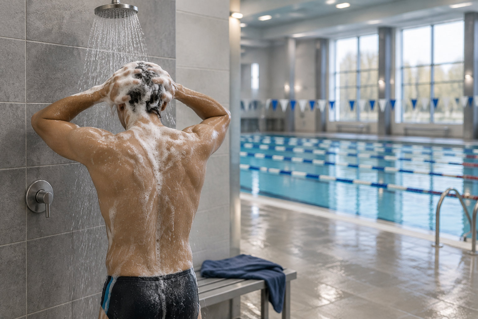 Un homme se rince sous une douche dans les vestiaires d’une piscine, avec un banc et une serviette à proximité.