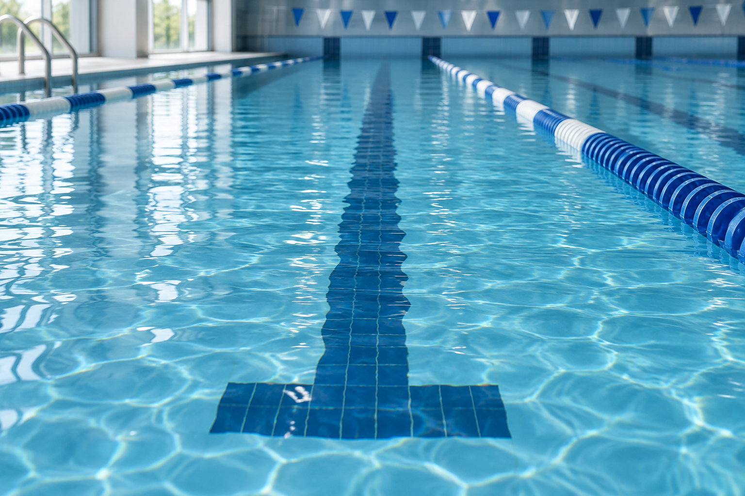 Lignes d'eau bleues dans une piscine olympique vide et lumineuse.