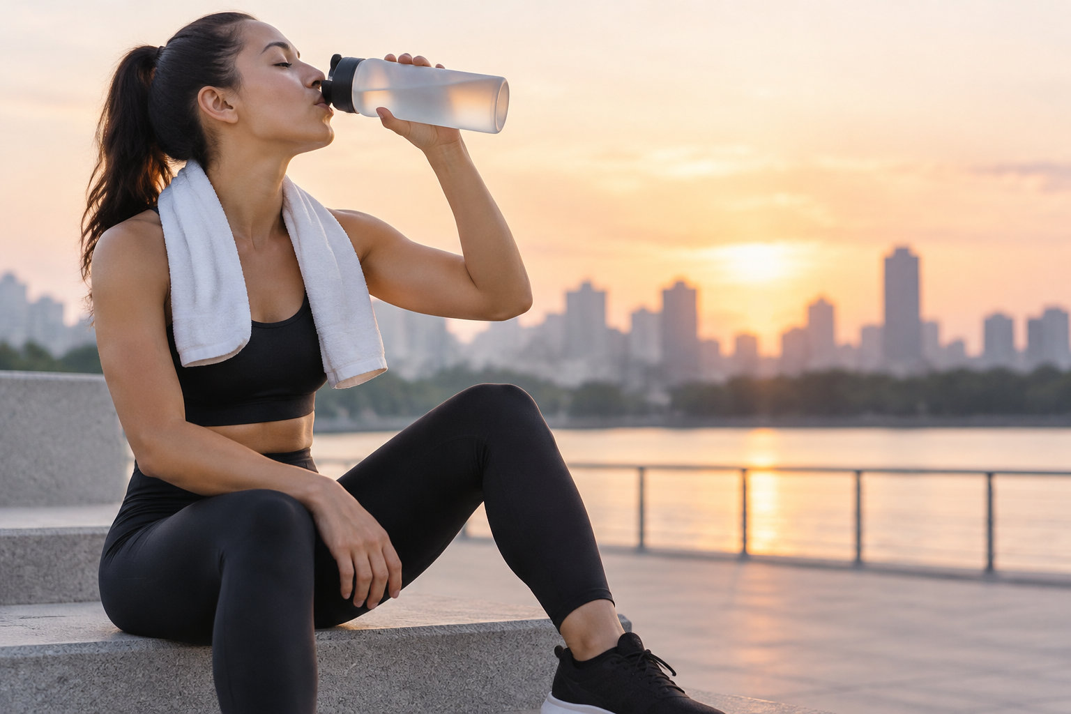 Une femme en tenue de sport boit à une gourde, assise sur des marches au bord de l’eau au coucher du soleil.