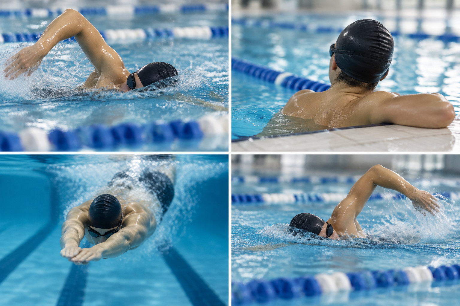 Un collage montre un nageur en bonnet noir et lunettes dans une piscine, en train de nager et de se reposer au bord du bassin.