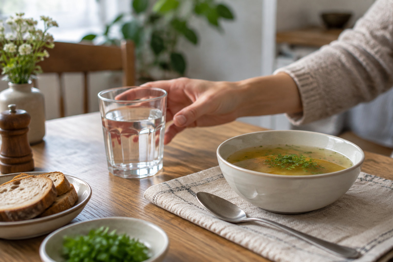 Une main saisit un verre d’eau posé à côté d’un bol de soupe, d’une assiette de pain et d’une cuillère sur une table en bois.