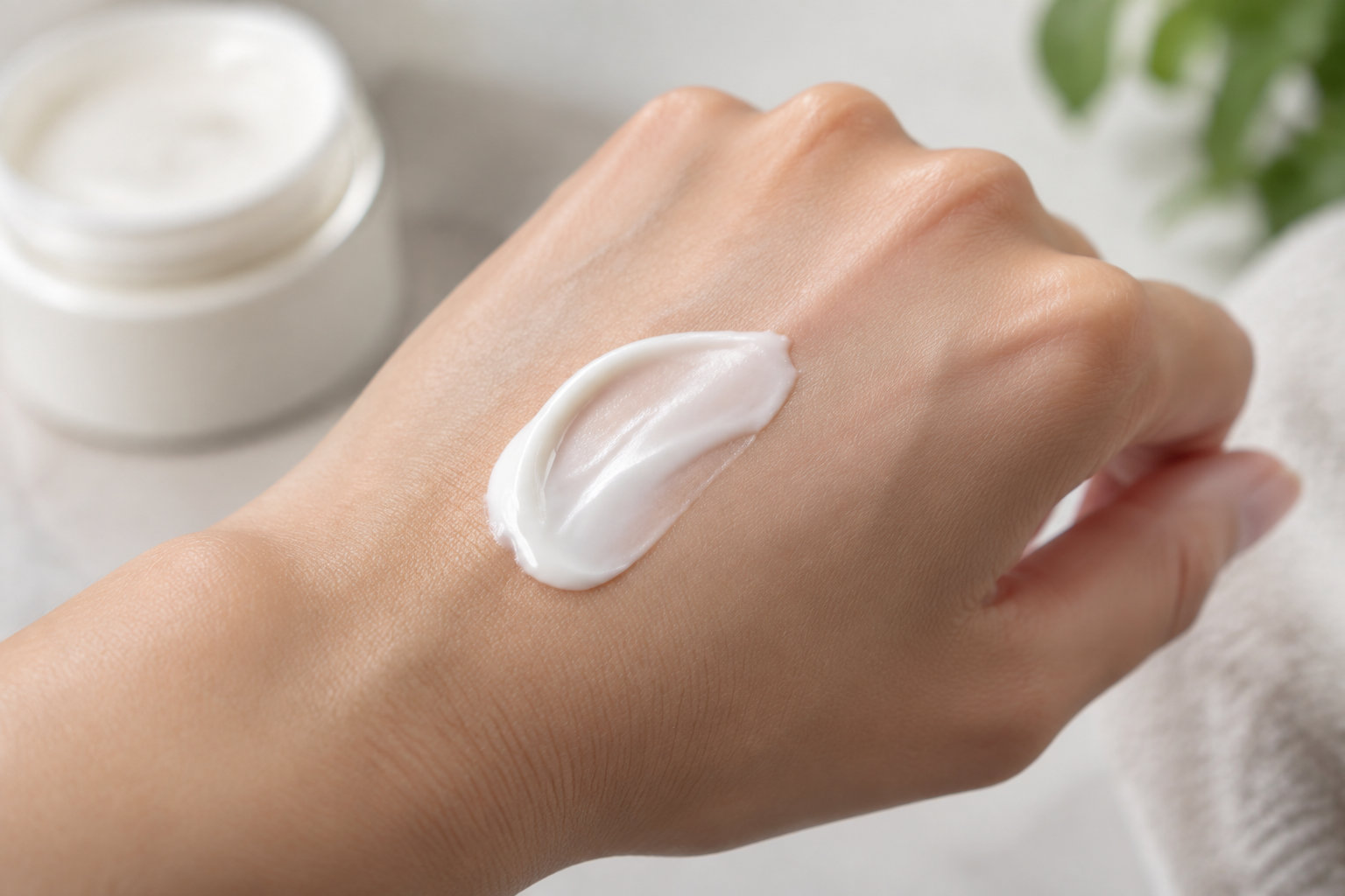 Une main porte une noisette de crème blanche, avec un pot de crème flou et une plante en arrière-plan.