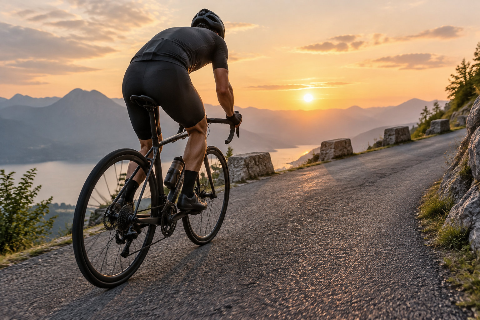 Un cycliste en tenue sombre roule sur une route de montagne au coucher du soleil, au-dessus d’un lac entouré de sommets.
