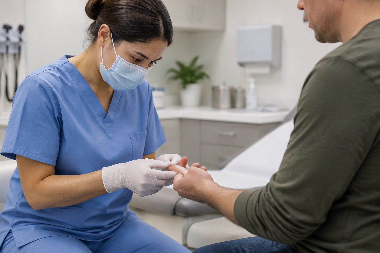 Une professionnelle de santé en blouse bleue et masque examine la main d’un patient dans un cabinet médical.