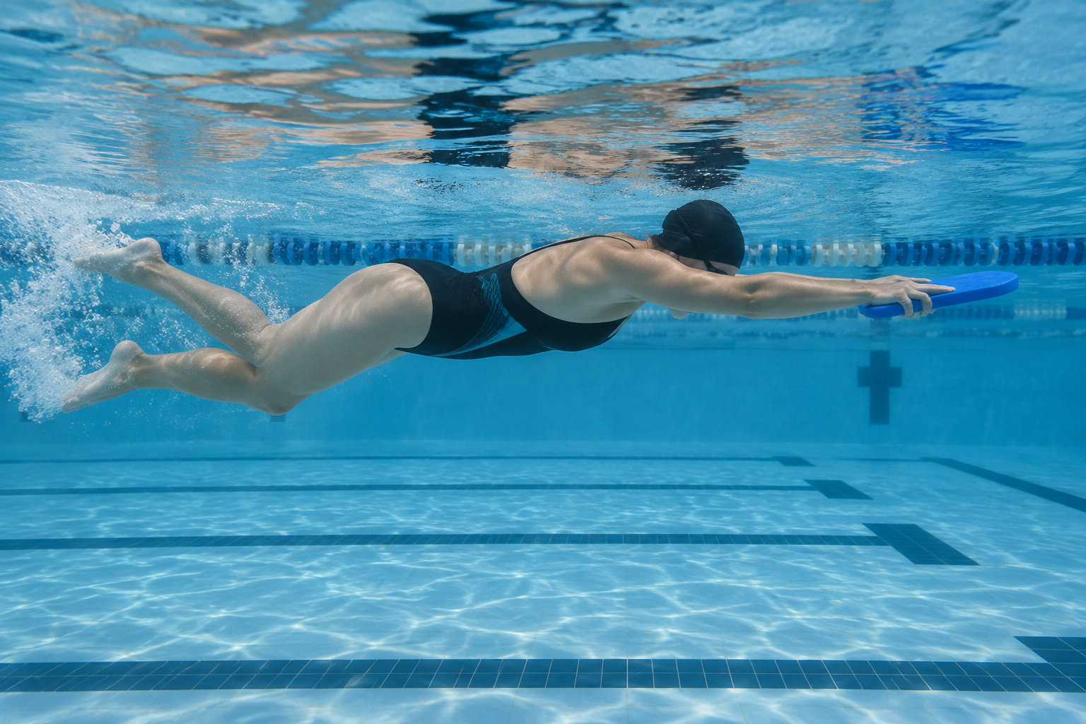 Une nageuse en maillot sombre et bonnet de bain avance sous l’eau en tenant une planche bleue dans un couloir de piscine.