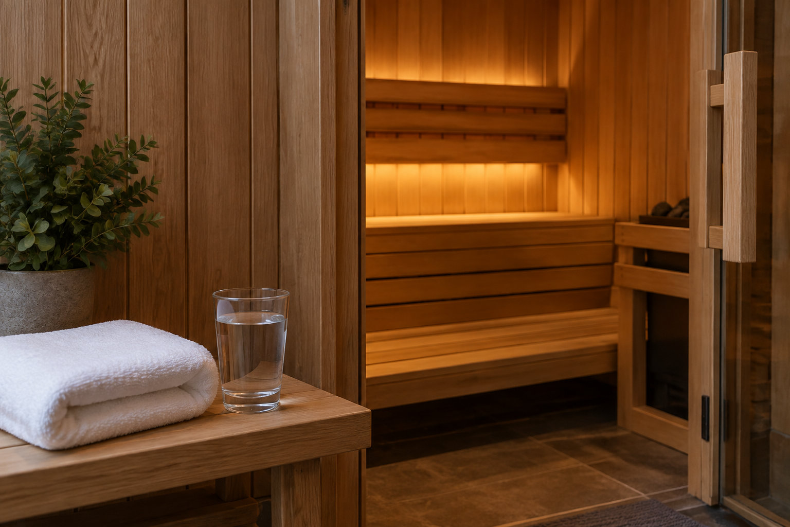 Un sauna en bois éclairé d’une lumière chaude, avec un banc, une porte vitrée entrouverte et une table portant un verre d’eau et des serviettes pliées.