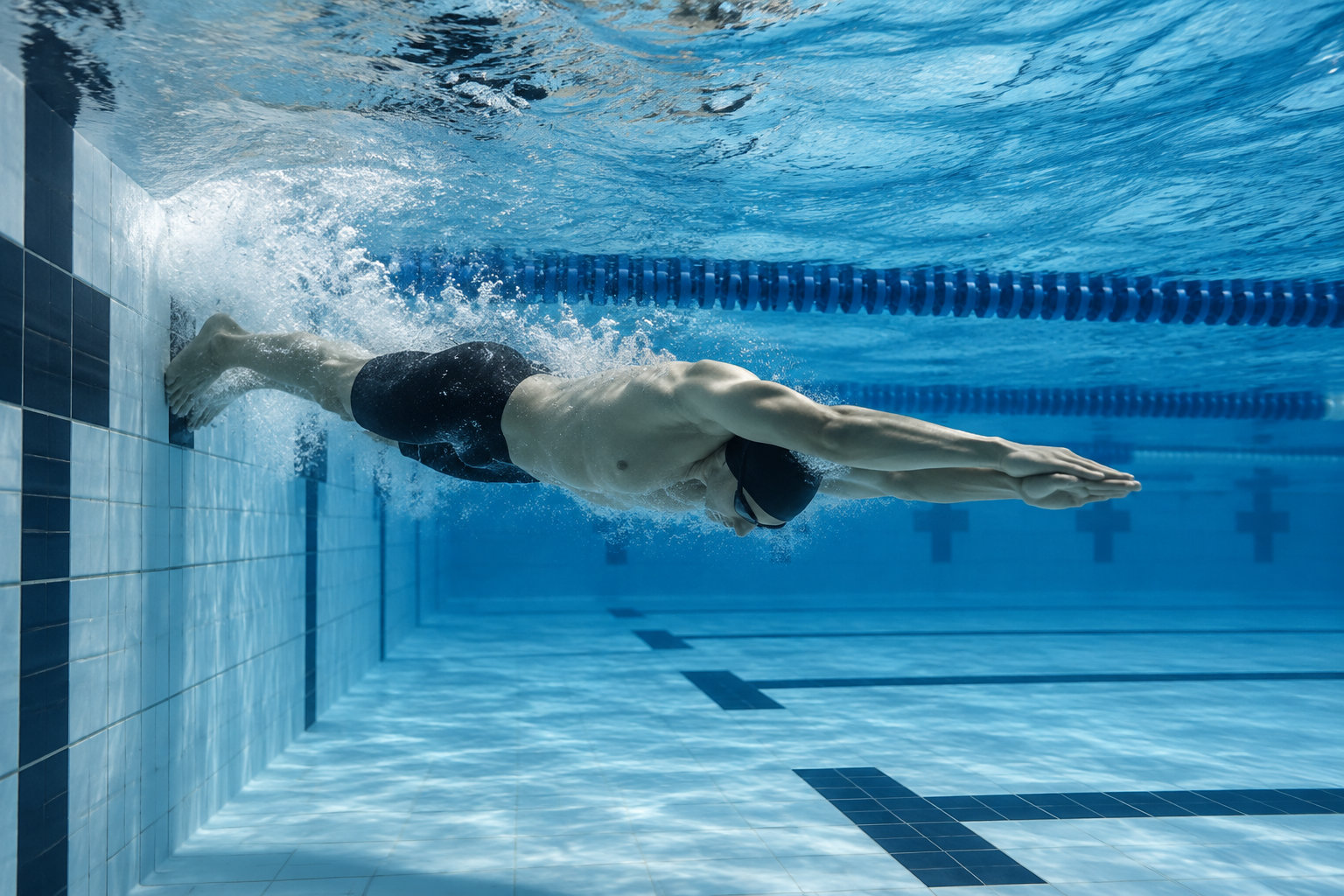 Un nageur plonge sous l’eau en poussant sur le mur d’une piscine, les bras tendus devant lui.