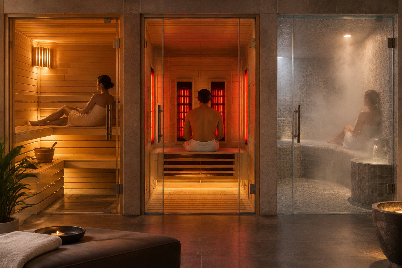 Trois espaces de spa vitrés accueillent des personnes assises dans un sauna en bois, une cabine infrarouge et un hammam, avec une banquette, une bougie et des plantes au premier plan.