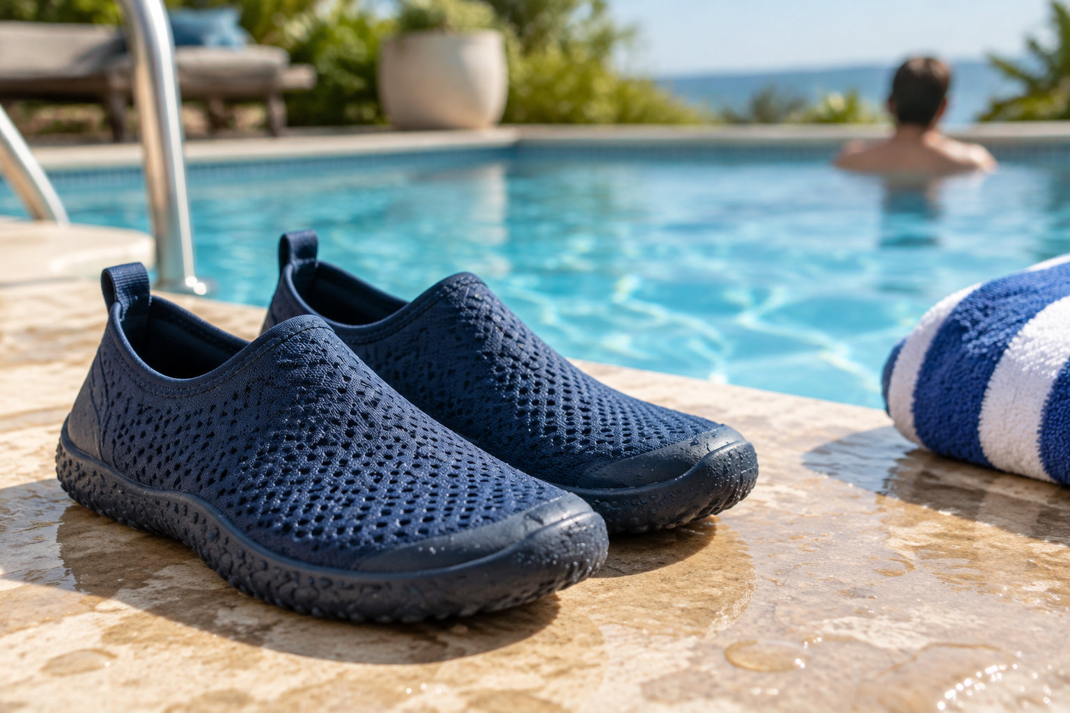 Une paire de chaussures aquatiques bleu foncé repose sur le bord mouillé d’une piscine, près d’une serviette rayée, tandis qu’une personne se baigne en arrière-plan.