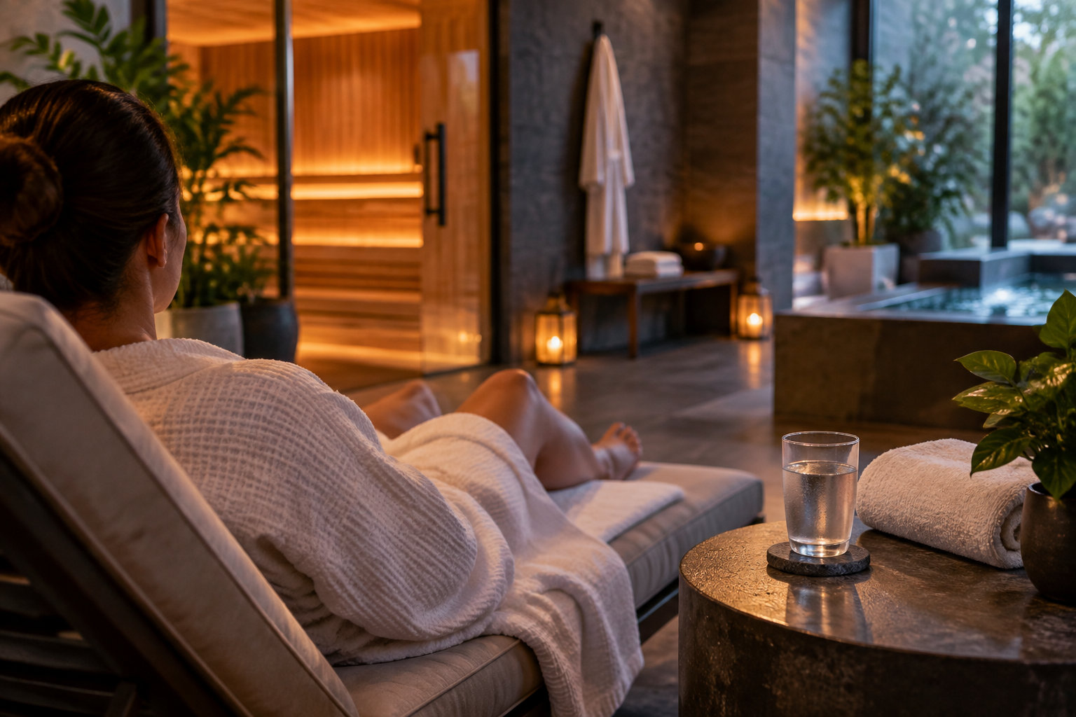 Une femme en peignoir se détend sur une chaise longue dans un spa, près d’un verre d’eau et d’une serviette, avec un sauna et une piscine en arrière-plan.